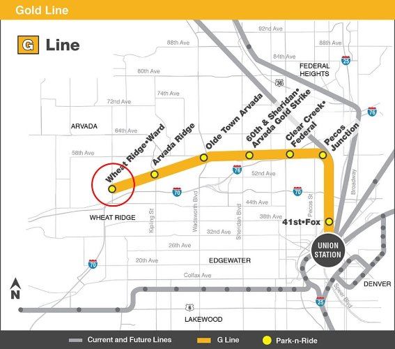 Inset map showing the Gold Line commuter train route from Union Station to Ward Station
