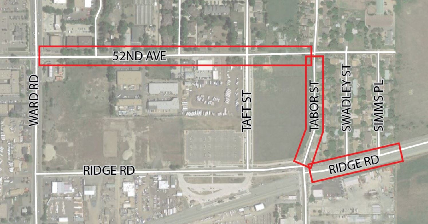 Simple project map outlining boundary of 52nd Avenue, Tabor Street, and Ridge Road improvements