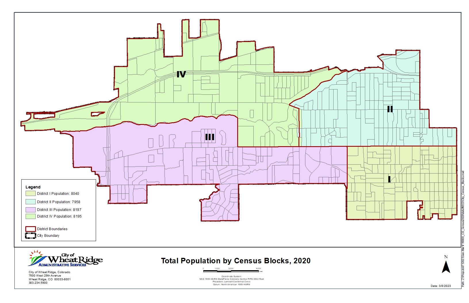 A map showing the City Council district and census block boundaries with total population counts.