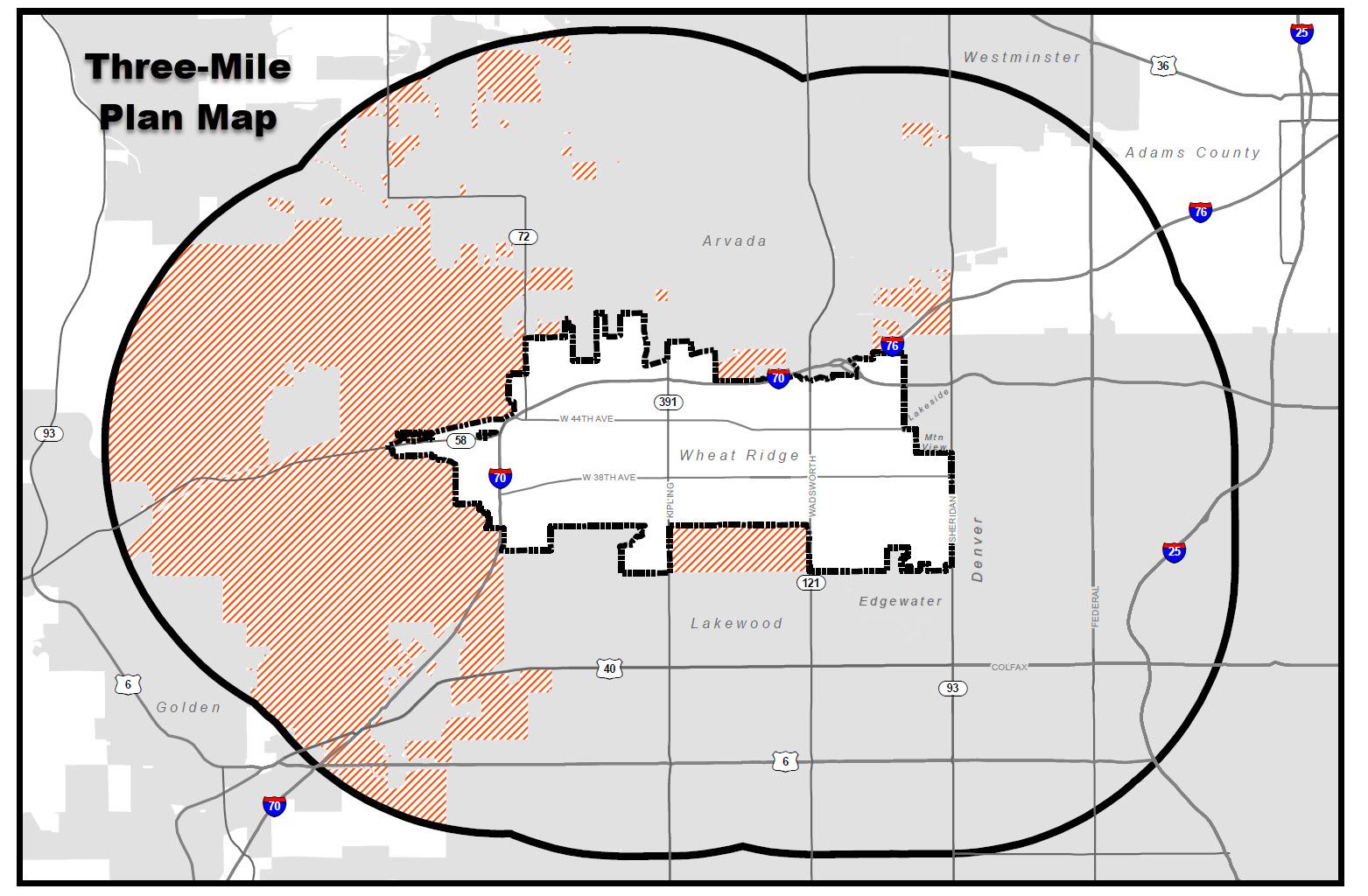 An image of the 3-mile plan map, showing the Wheat Ridge boundary and surrounding areas within 3 …